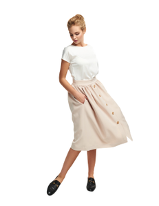 gathered skirt with a side seam pockets. Decorative strip trimmed with buttons on the front.