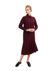 dress with a turn-down shirt collar and a placket with buttons. Side seams pockets. A sleeve on a cuff with a fastener on buttons. Removable belt made of rep tape; a sequin pocket trim on chest