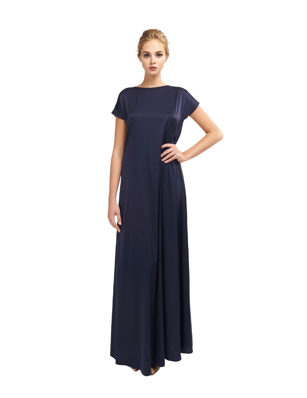 Evening dress from flowing silk with a low back neckline.