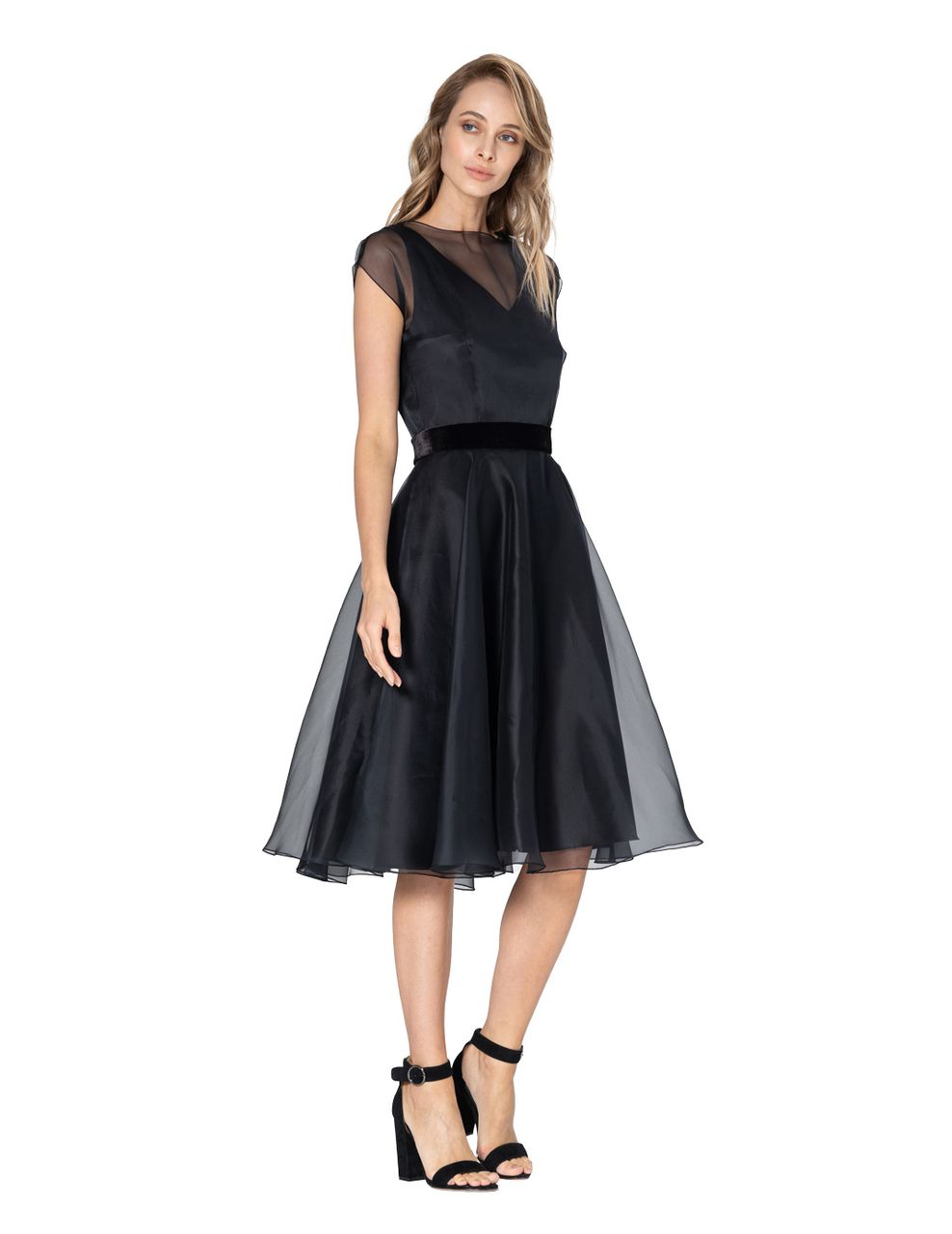 An airy evening black dress made of silk organza and thick satin. It is fastened on a back on a metal lightning and a button. The finest closed silk processing and a removable velvet belt make the dress especially exquisite.
