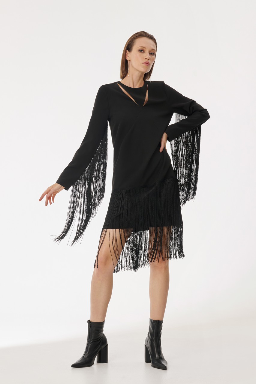 Dress of a free silhouette with beautiful constructive lines and decorative cuts in front and on a back above a breast. The dress is trimmed with a flowing fringe that creates a light and flying look.