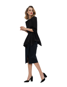 Tunic made of textured satin with intricate sleeves and cut-off double peplum with an asymmetrical hem. Back fastening with metal zipper.