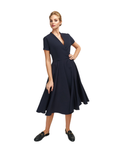 wrap around dress with a free flowing skirt and a deflated lapel sleeve