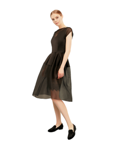airy dress made of silk organza, lace and dense satin. Fastens on the back with a zipper and a button.