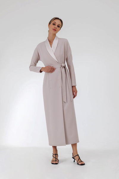 An elegant double-breasted beige suit tuxedo dress with a satin lapel. Clasp for sewing on satin tight buttons. Included is a removable belt.