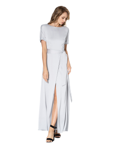 A long evening dress made of flowing satin with a small triangular neckline on the back, cut-off at the waist, a hollow-out sleeve with a lapel and a removable belt included.