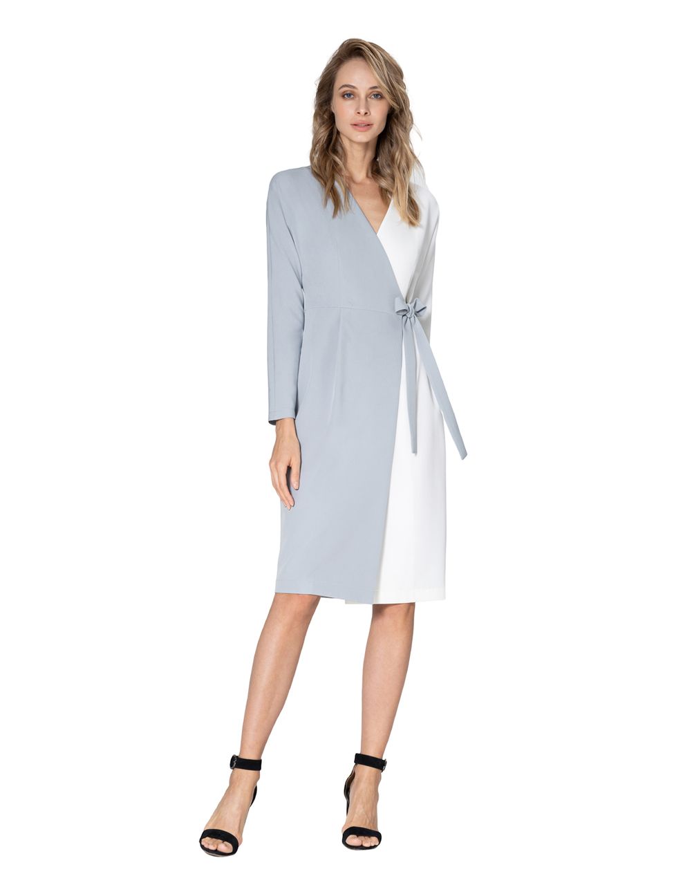 Elegant double-breasted dress with a one-piece long sleeve in a combination of pale gray and white suit fabric. Clasp for sewing on satin tight buttons and belt included.