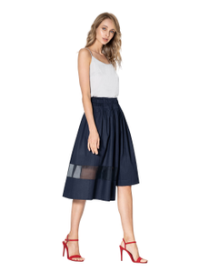Asymmetric skirt made of dense blue cotton with an insert of translucent silk organza. A loose skirt on the assembly with a belt, fastens with a hidden zipper.