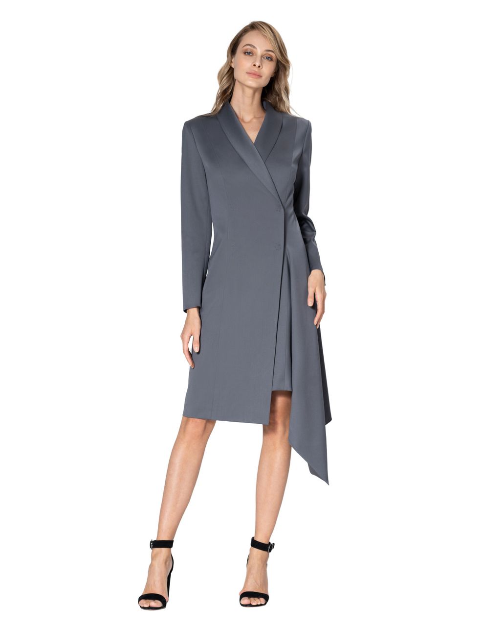 Elegant asymmetrical double-breasted tuxedo dress in viscose silver lining. A set-in sleeve and a one-piece turn-down collar, a fastener on sewn buttons covered in satin are details that fill the image.