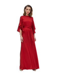 Satin flowy evening dress with flying sleeves and V-neck back. Detachable belt included.