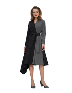 Wrap dress made of fine wool and with an asymmetrical hem, cut-off at the waist and with a removable belt.