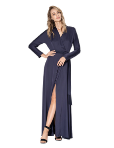 A fitted evening dress made of artificial satin with imitation of wrap around dress and a one-piece sleeve.