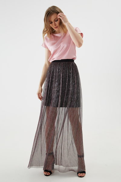 Evening flowing double skirt. The lower layer and the belt are made of black satin, and the upper layer is made of the finest mesh-corrugated with overflow