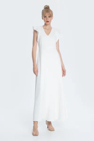 A silhouette evening dress made of plastic crepe with asymmetrical geometry of the constructive lines of the skirt. An additional accent is the original sleeves. Closure along the middle seam of the back with a hidden zipper.