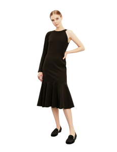 fitted dress made of suiting fabric. Fastens on the back with a thin metal zipper.