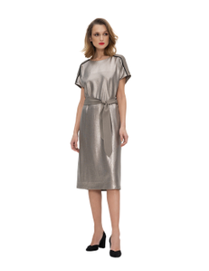 Viscose crepe dress with sequins and detachable reversible belt.
