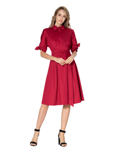 Romantic fitted cotton dress. Turn-down shirt collar and fastener on sewing buttons on the strap to the waist, hidden zip on the side. One-piece elbow sleeve with a cuff tied to a bow, belt included.