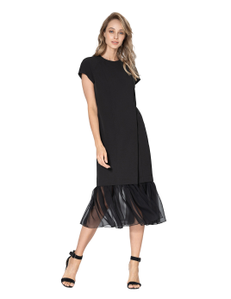 An elegant double-breasted black crepe dress with a translucent flounce on a silk chiffon assembly. Clasp for sewing on satin tight buttons. The dress can be worn alone or with trousers and a top as an elongated vest.